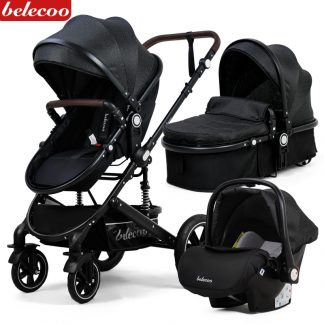 Baby Stroller Lightweight Newborn Pram 3 in 1 Strollers Anti-shock All terrain Pushchair Reversible Bassinet Car Seat Cup Holder