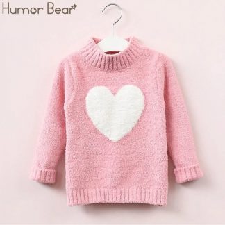 Humor Bear 3-7Y Baby Girls Knitted Sweater Winter Autumn Long Sleeve Warm Half High Collar Cute Heart Kids Sweater
