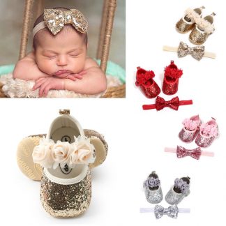 Newborn Infant Baby Girls Boys Summer Crib Shoes 3 Style Sequined Floral Flat With Heel Hook Princess Shoes Headband 2PCS