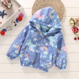 Spring Kids Clothes Windbreaker Trench Coat For Children Hooded Rainbow Unicorn Outerwear Long Sleeve Coat For Girls 2 to 8 Year