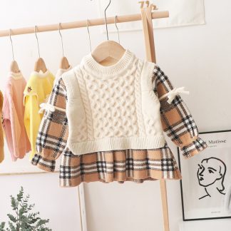 pretty princess autumn winter warm thicken full sleeve plaid knitting bow dresses toddler kids baby girl sweater 6M-5Y