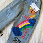 Hot Deals Jeans For Teenage Girls Kids 8 12Yrs High Quality Graffiti Painting Print Casual Pants With A Rainbow Cartoon Trousers photo review