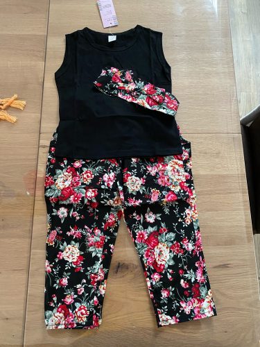 Hot Summer Kids Girls Clothes Sleeveless Black Vest Floral Pants Scarf Children Fashion Style 3pcs Children Girl Clothing Sets photo review