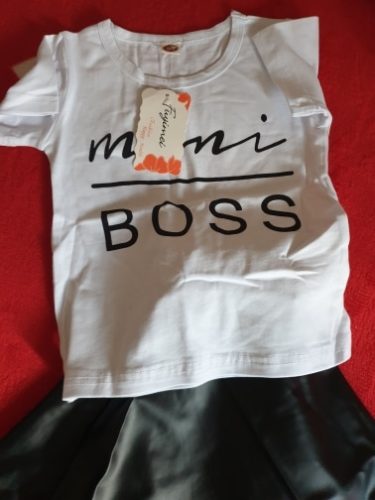 Fashion Girls Summer Clothes 1-6Years Toddler Kids Baby Girl mini boss Printed T-shirts PU Leather Skirts Outfits 2Pcs Set photo review
