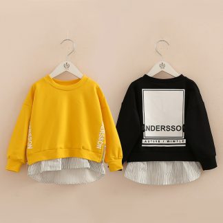 2021 Spring Autumn New 3-11 12 Years Teenage Child Loose Letter Cotton Tops Kids Baby Fake 2 Pcs Patchwork Sweatshirts For Girls