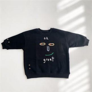 Autumn Winter boys and girls cute embroidery fleece sweatshirts unisex black loose Tops clothes