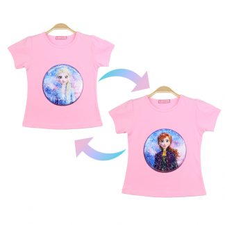 Disney Frozen Summer Girl T-Shirt Short Sleeve Costume 1 Piece Sequin Change Graph Elsa Anna Cotton Children's Clothes Kids Tee